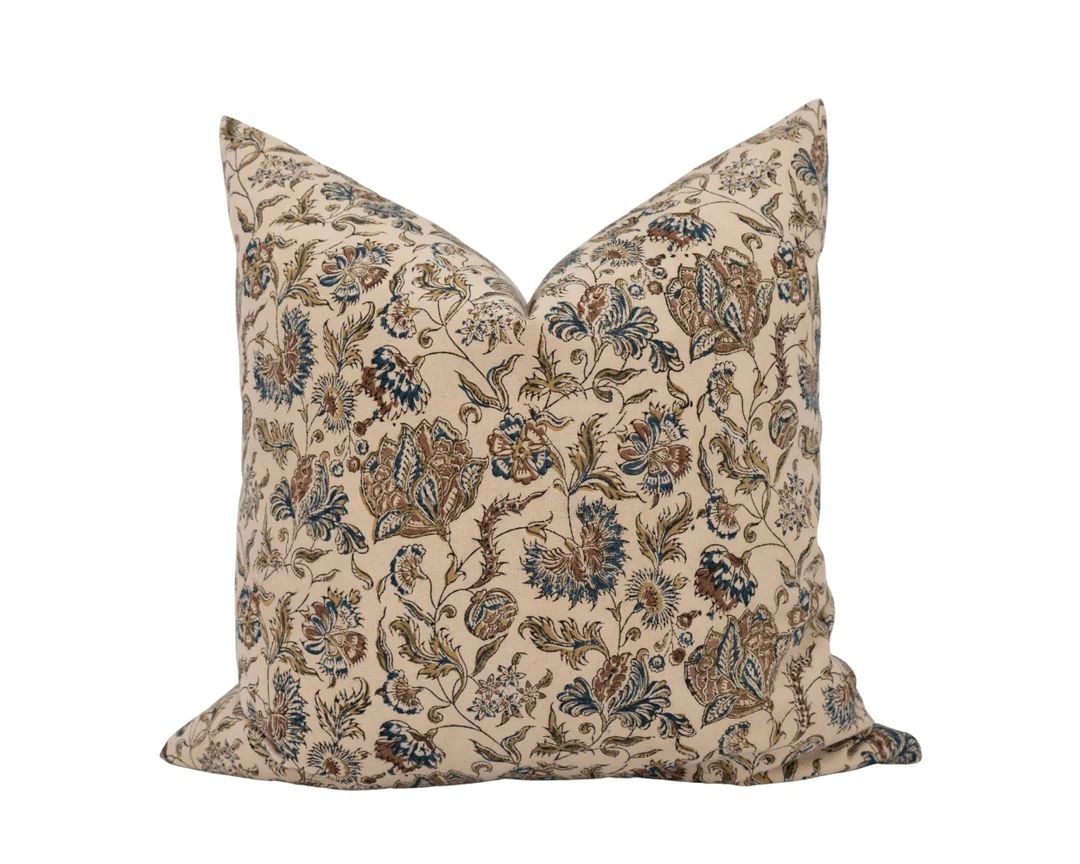 TARAN || Beige Floral Pillow Cover Brown Floral Pillow Block Print Pillow Modern Cottage Pillow W... | Etsy (US)