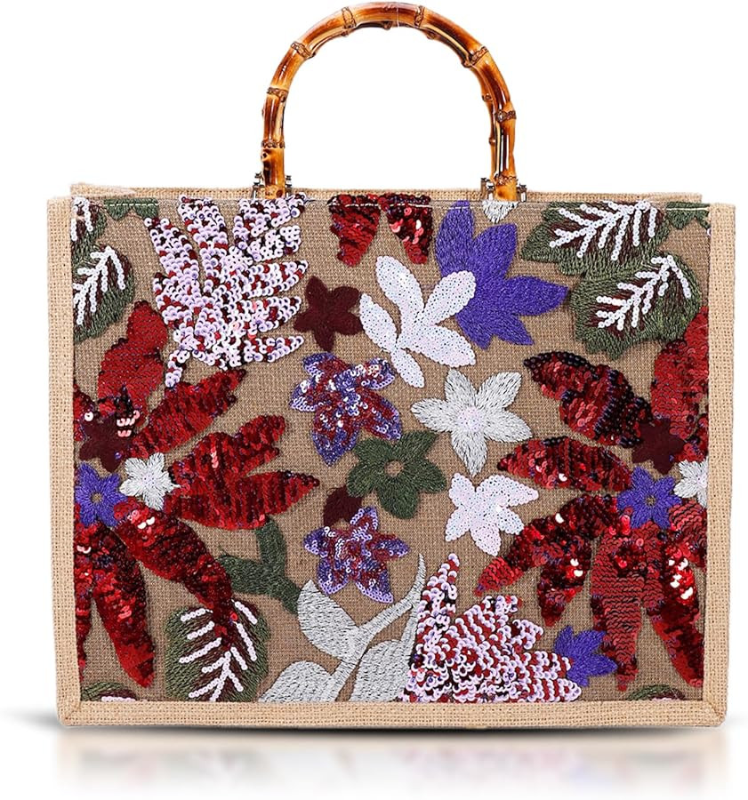 Tote Bag, Sackcloth Handbags for Women, Sequin Embroidery Beach Bags, Natural Bamboo Handle, Bohe... | Amazon (US)