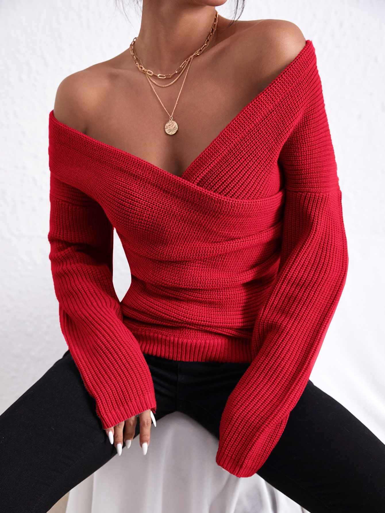 Ruched Drop Shoulder Overlap Collar Sweater | SHEIN
