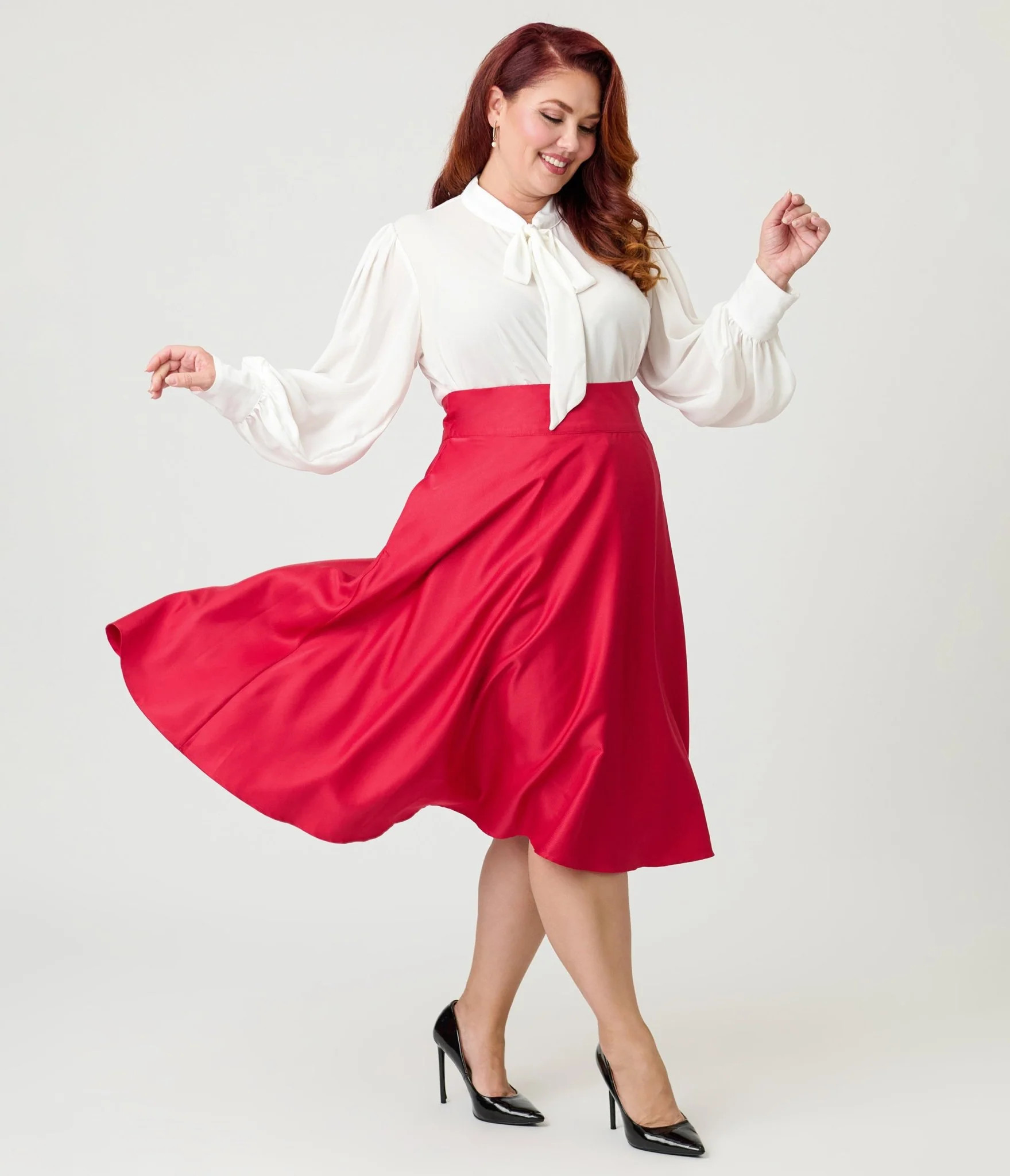 Unique Vintage Plus Size Red High Waist Vivien Swing Skirt | UniqueVintage