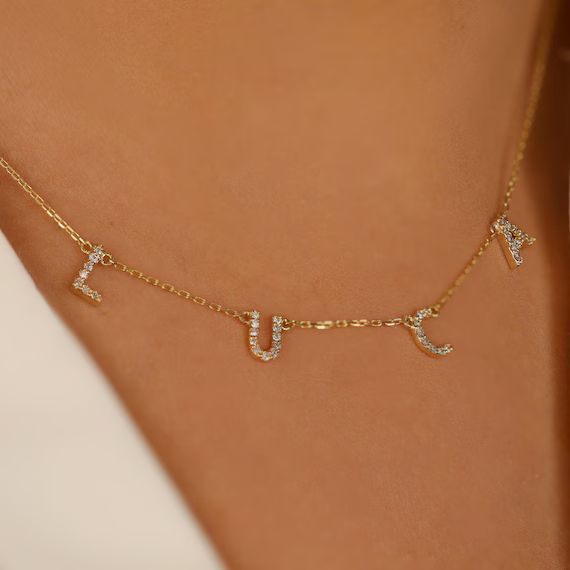 14k Gold Diamond Name Necklace / Shonda / Uppercase or Lower Case Letter /  Dainty Personalized G... | Etsy (US)