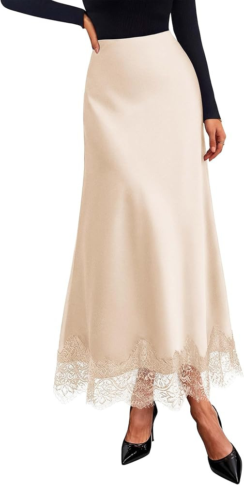 BTFBM Lace Trim Satin Skirts for Women Elegant | Amazon (US)