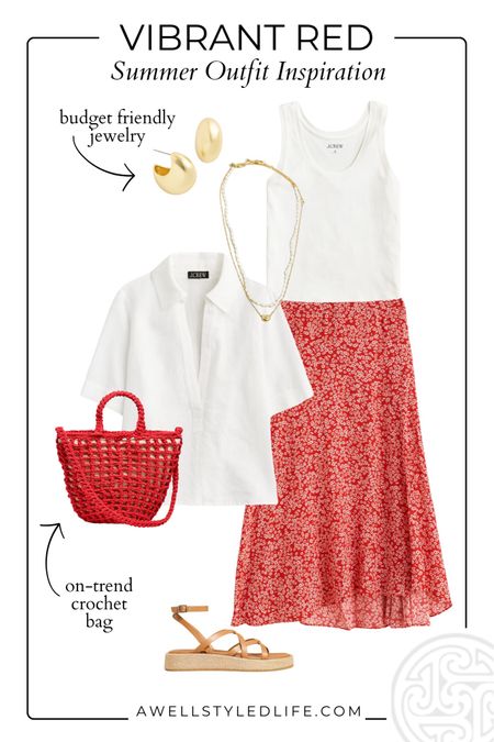 Summer Outfit Inspiration	

Vibrant red for summer, Madewell skirt, bag, shoes and jewelry. Linen shirt and tank from J. Crew

#fashion #fashionover50 #fashionover60 #summerfashion #summeroutfit #madewell #jcrew #summerskirt #vibrantcolors

#LTKStyleTip #LTKSeasonal #LTKWorkwear