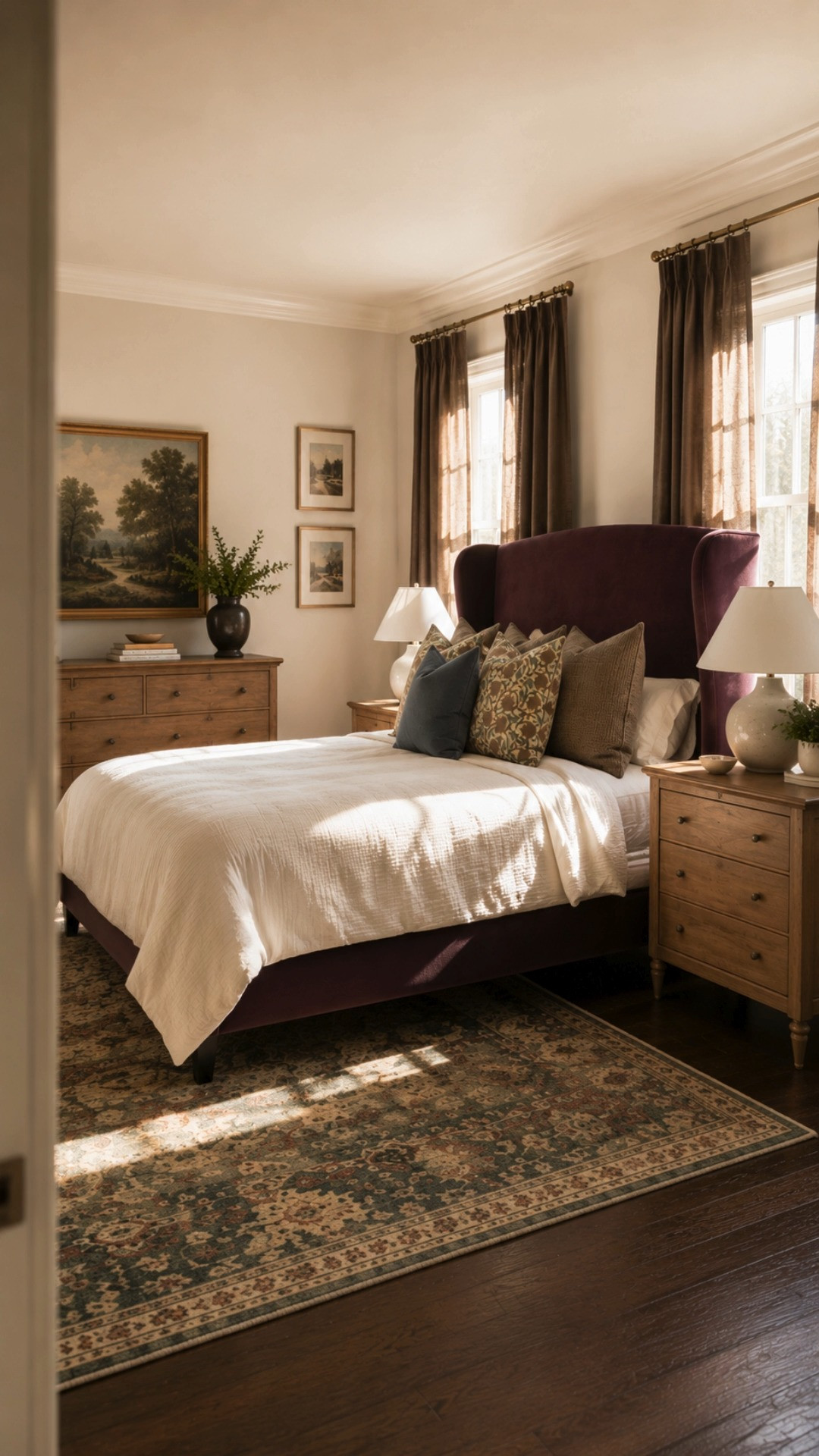 This cozy traditional bedroom mixes warm ivory bedding, rich walnut furniture, dark moody tones, and a dramatic plum velvet bed for a collected timeless look. The layered textures, vintage inspired rug, and warm natural lighting create a romantic bedroom that feels elevated, comfortable, and deeply inviting.

Perfect for:
• cozy traditional bedroom
• romantic bedroom inspiration
• plum velvet upholstered bed
• moody cottage interiors
• English countryside bedroom
• warm traditional decor
• dark floral area rug
• warm wood bedroom furniture
• layered cozy bedding
• timeless bedroom styling
• elegant cozy interiors
• vintage inspired decor
• collected bedroom ideas
• warm luxury bedroom
• heritage style interiors
• moody elegant bedroom
• neutral layered interiors
• designer bedroom inspiration
• cottagecore bedroom decor
• classic traditional home style

Everything linked in my LTK including the bed frame, rug, curtains, lighting, bedding, pillows, and furniture. 

 #LTKHome