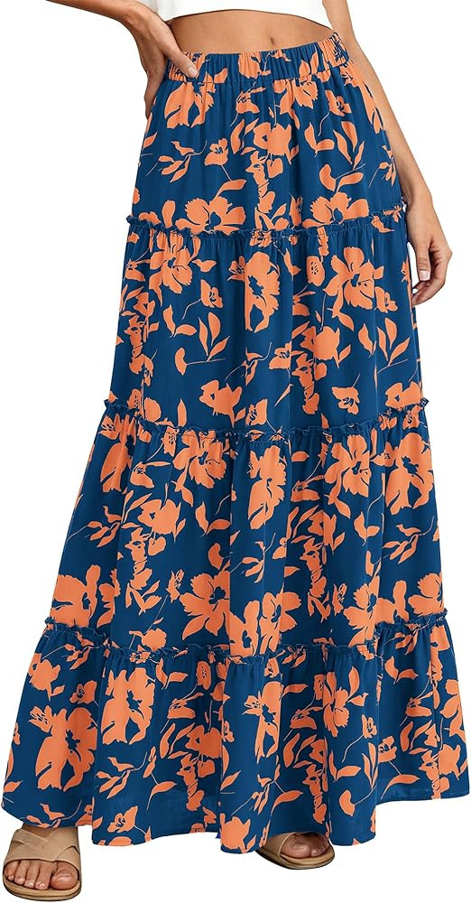 BTFBM Floral Maxi Skirts for Women Summer Spring 2026 Elastic Waist Tiered Flowy Beach Vacation B... | Amazon (US)