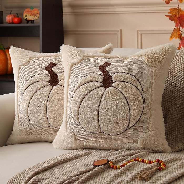 Fall Pillow Covers 18x18 Set of 2 Fall Beige Pumpkin Embroidery Throw Pillow Covers Soft Plush Faux Fur Cushion Covers for Sofa Bedroom Living Room Autumn Thanksgiving Home Decor PT-010A18 | Amazon (US)