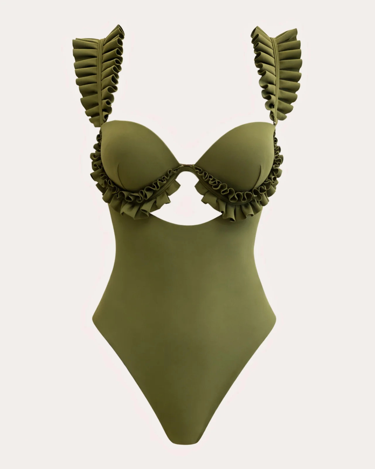 Andrea Iyamah Women's Kuji Pleated Ruffle Cutout One-Piece in Green Nylon/Elastane | Olivela