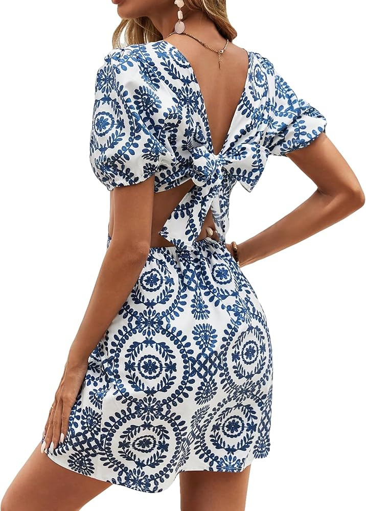Floerns Women's Boho Allover Print Cut Out Knot Back Puff Short Sleeve V Neck Short Dress | Amazon (US)