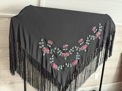 Antique Vintage Silk Beaded Sequin Rose Large Piano Shawl w/ Fringe | eBay US