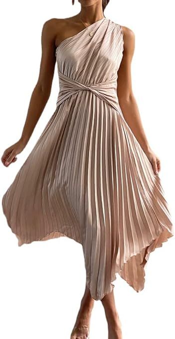 Guteidee Women's One Shoulder Dress Pleated Asymmetrical Sleeveless Cocktail Party Dress | Amazon (US)