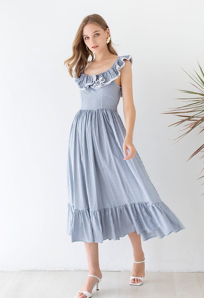 Gingham Ruffled Shoulder Frilling Dress in Blue | Chicwish