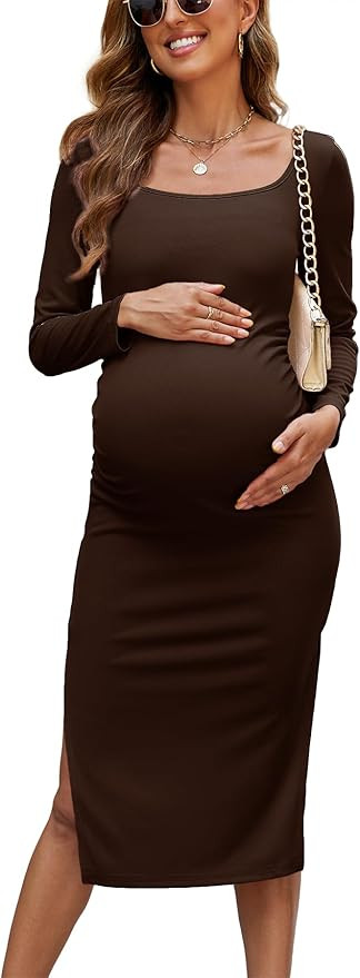 2025 Women's Split Maternity Dress Fine Ribbed Ruched Pregnancy Clothes Baby Shower Dresses | Amazon (US)