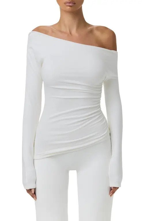 Naked Wardrobe Off the Shoulder Ruched Top in White at Nordstrom, Size Large | Nordstrom