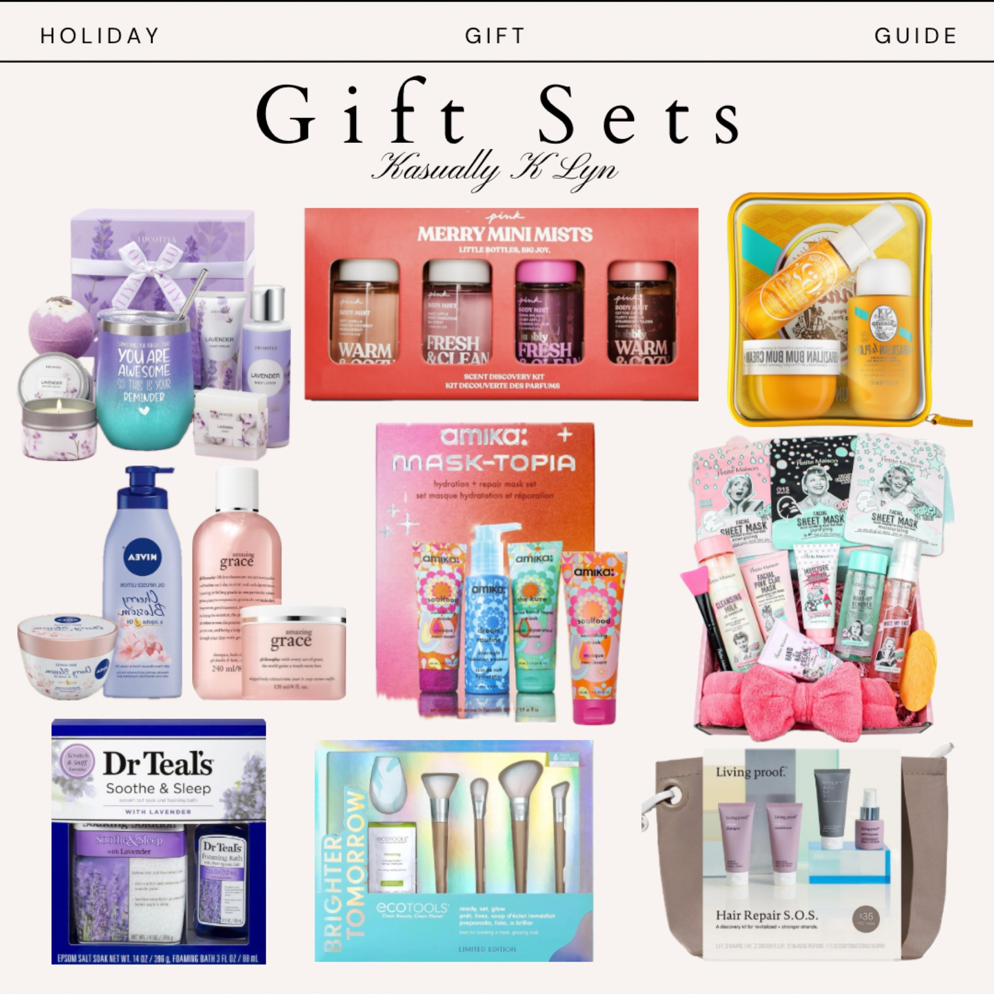 Gift Set Ideas! amazing grace shampoo & body cream, amika hair care, nivea body lotion & cream, eco tools: beauty set: makeup brushes & beauty blender, pink mini body mists, dr teal’s lavender soothe & sleep bath, petite maison skin care, living proof hair repair, spa set, all de janeiro

#LTKsalealert #LTKfindsunder100 #LTKGiftGuide