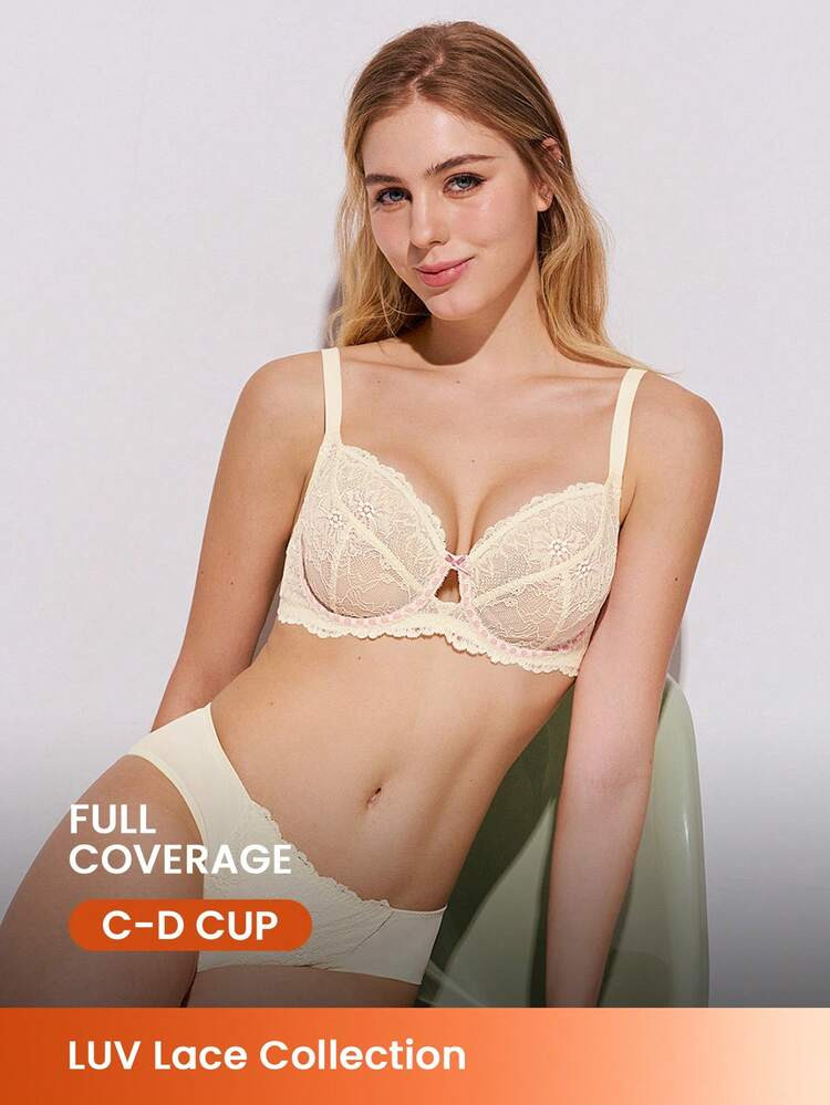 LUVLETTE Full Coverage Breathable Unlined  White  Lace Elegance & Mesh Keyhole Detail Lingerie Lounge Curve Sheer Minimizer Bridal Intimates Wedding Bra | SHEIN