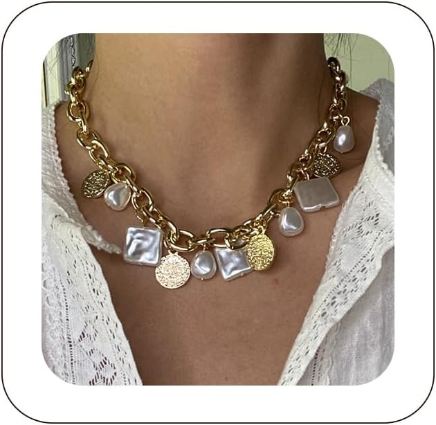 Punk Cuban Link Chain Choker Necklace with Irregular Pearl Coin Statement Necklace Carved Coin Pe... | Amazon (US)