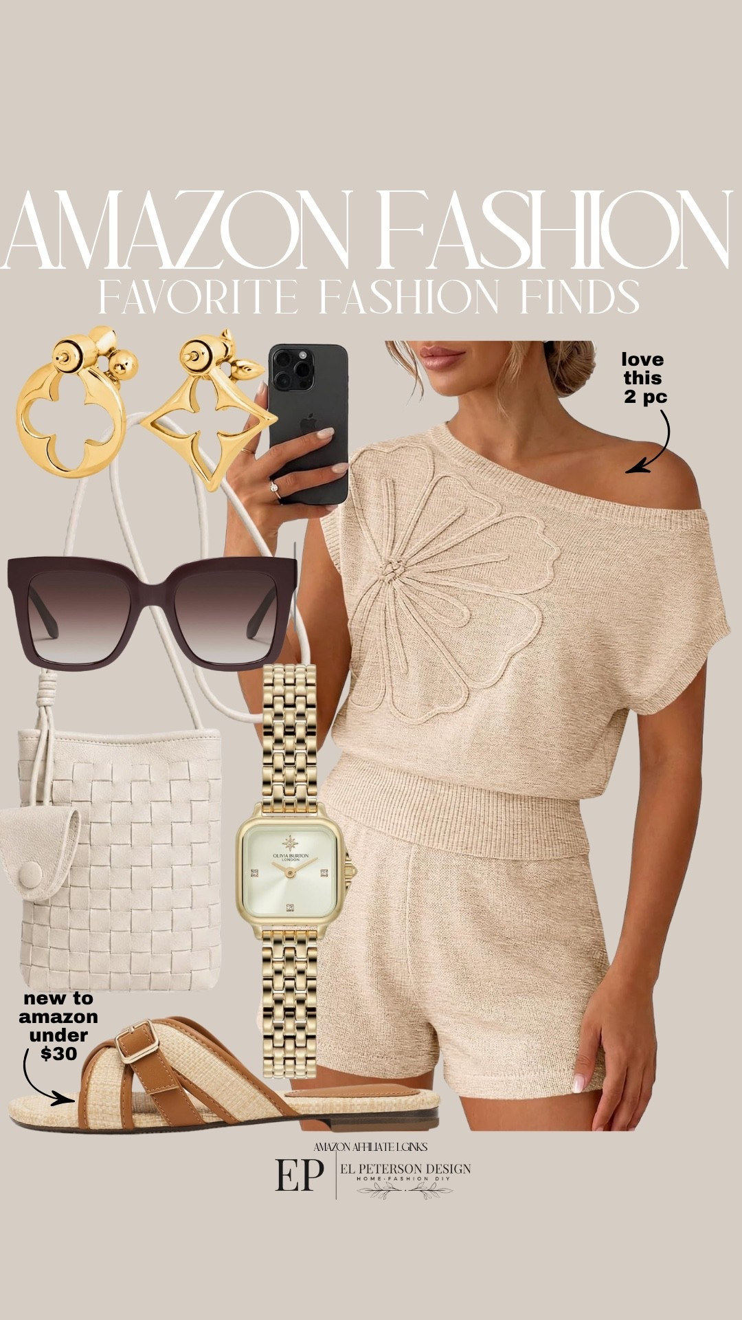 Amazon
2 pc outfit
Sunglasses
Earrings
Watch
Purse
Sandals