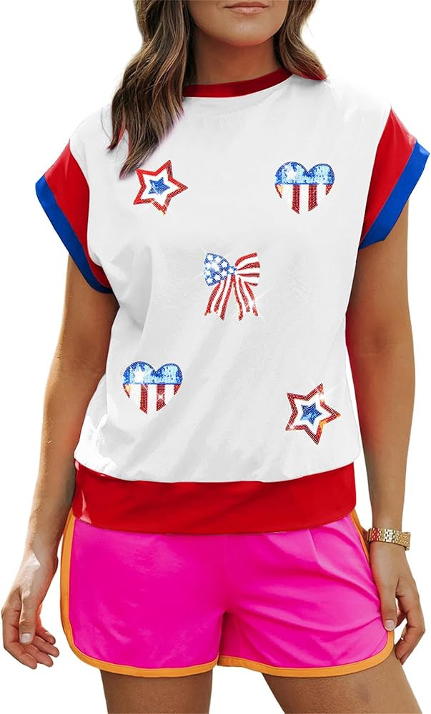 Women American Flag Cap Sleeve Shirt Sequin USA Star T-Shirt Sparkly 4th of July T-Shirt Patrioti... | Amazon (US)