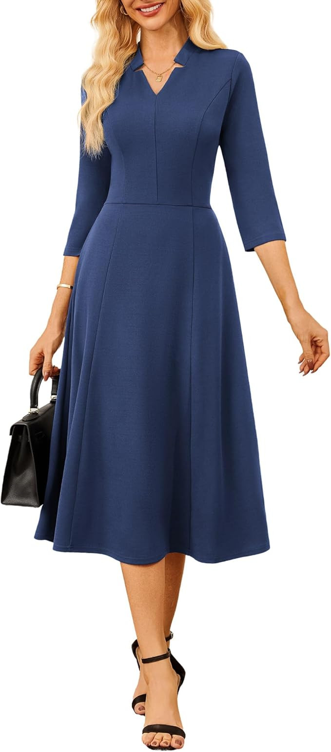 GRACE KARIN Work Dresses for Women 2025,Midi Business Dress,3/4 Sleeve Classy Fit and Flare Dress... | Amazon (US)