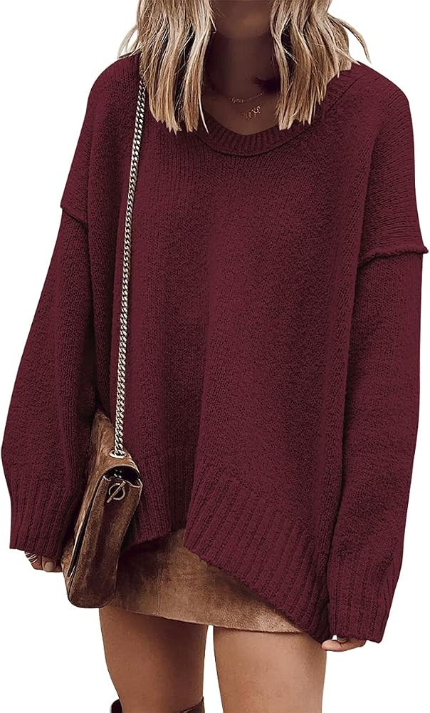 ANRABESS Women's Oversized Casual Loose Slouchy Scoop V Neck Batwing Long Sleeve Knit 2024 Fall P... | Amazon (US)