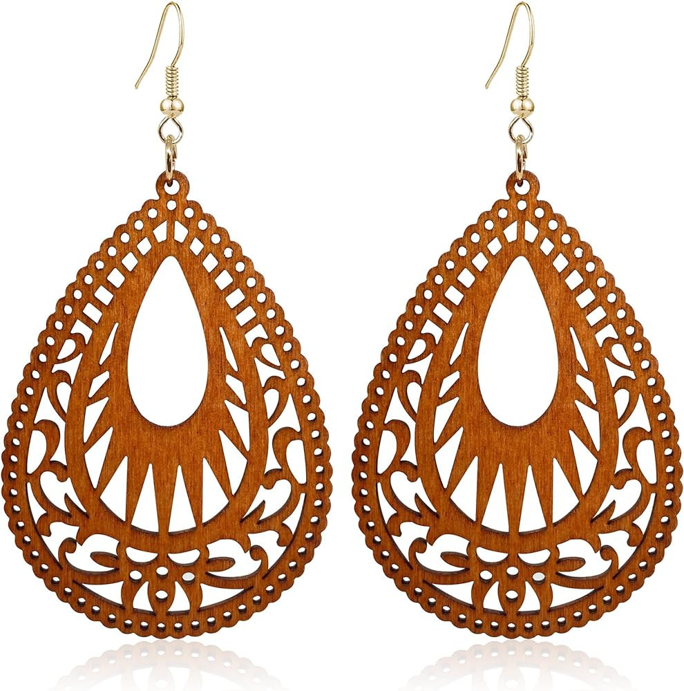 Zszkoz Wood Earrings for Women Handmade Natural Retro Lightweight Teardrop Geometric Hollow Woode... | Amazon (US)