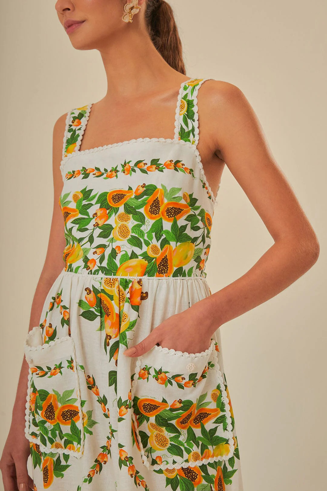Off-White Papaya Salad Scarf LENZING™ ECOVERO™ Euroflax™ Maxi Dress | FarmRio (US)