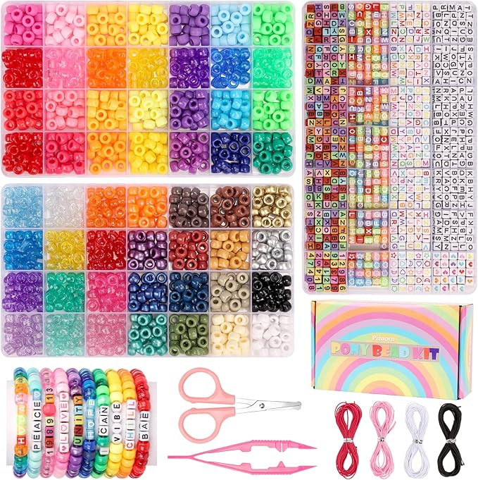 Pizooro Bracelet Making Kit 2400 Pcs Bracelet Beads, 56 Colors Pony Beads in Bead Organizer, 1400... | Amazon (US)