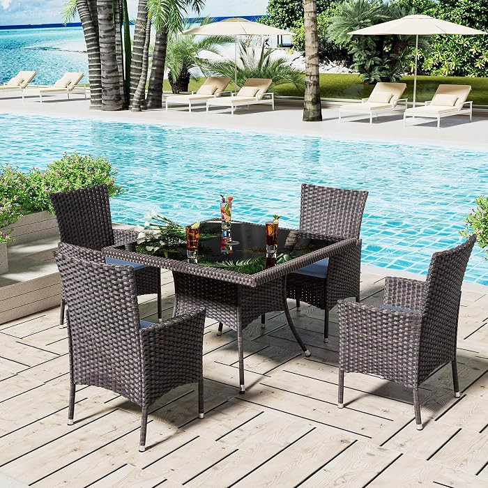 5 Pieces Dining Sets for 4 with Rattan Wicker Dining Set Chairs and Square Table Glass Top with U... | Amazon (US)