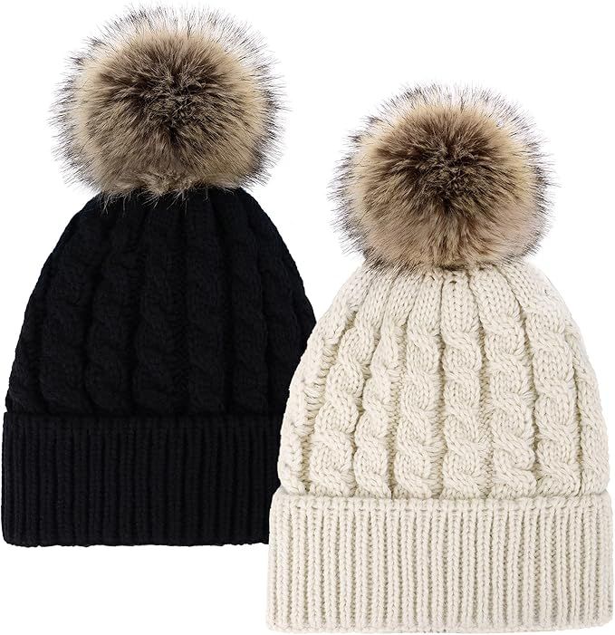Livingston Women's Winter Soft Knit Beanie Hat with Faux Fur Pom Pom Warm Skull Cap Beanies for W... | Amazon (US)