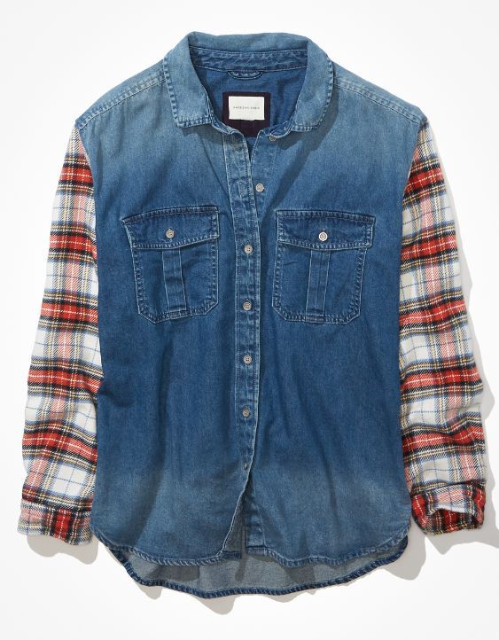 AE Oversized Plaid Sleeve Denim Shirt | American Eagle Outfitters (US & CA)