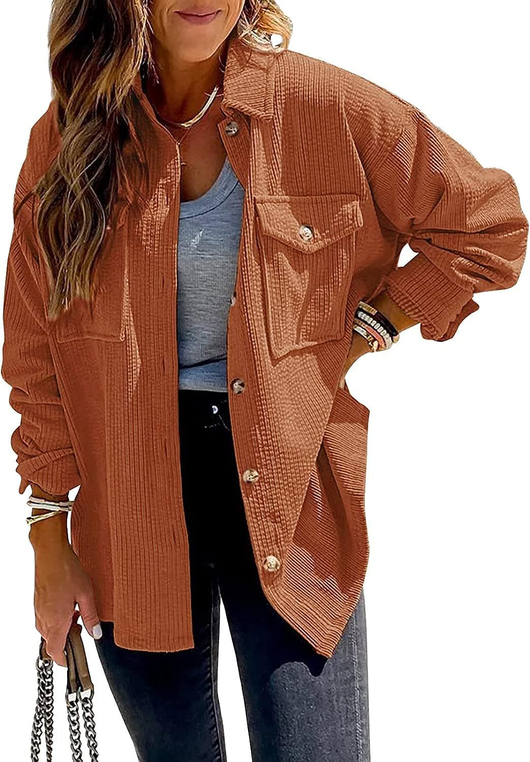 Women Corduroy Shirt Big Buttons Oversized Shacket Long Sleeve Soft Lightweight Jacket with Pockets | Amazon (CA)