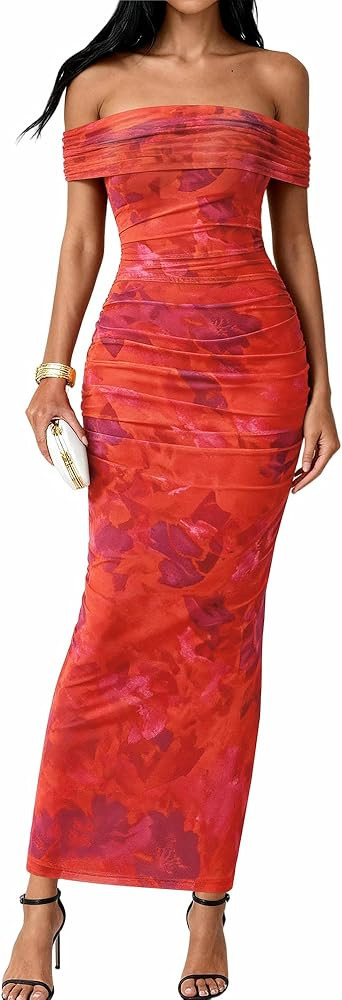 BTFBM Cocktail Dresses for Women 2026 Elegant Classy Off Shoulder Bodycon Mesh Slit Floral Maxi S... | Amazon (US)