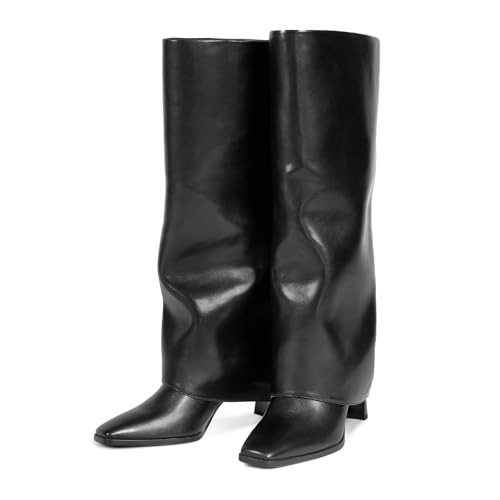 wetkiss Black Knee High Boots Women Fold Over Boots Square Toe Chunky Heel with Half Zipper Long Knee High Dress Tall Black Boot for Women Fashion Party Wedding Meeting Daily | Amazon (US)
