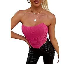 MOALLUOM Mesh Corset Crop Top Bustier Underbust Boned Backless Sleeveless Strapless Off Shoulder Aes | Amazon (US)