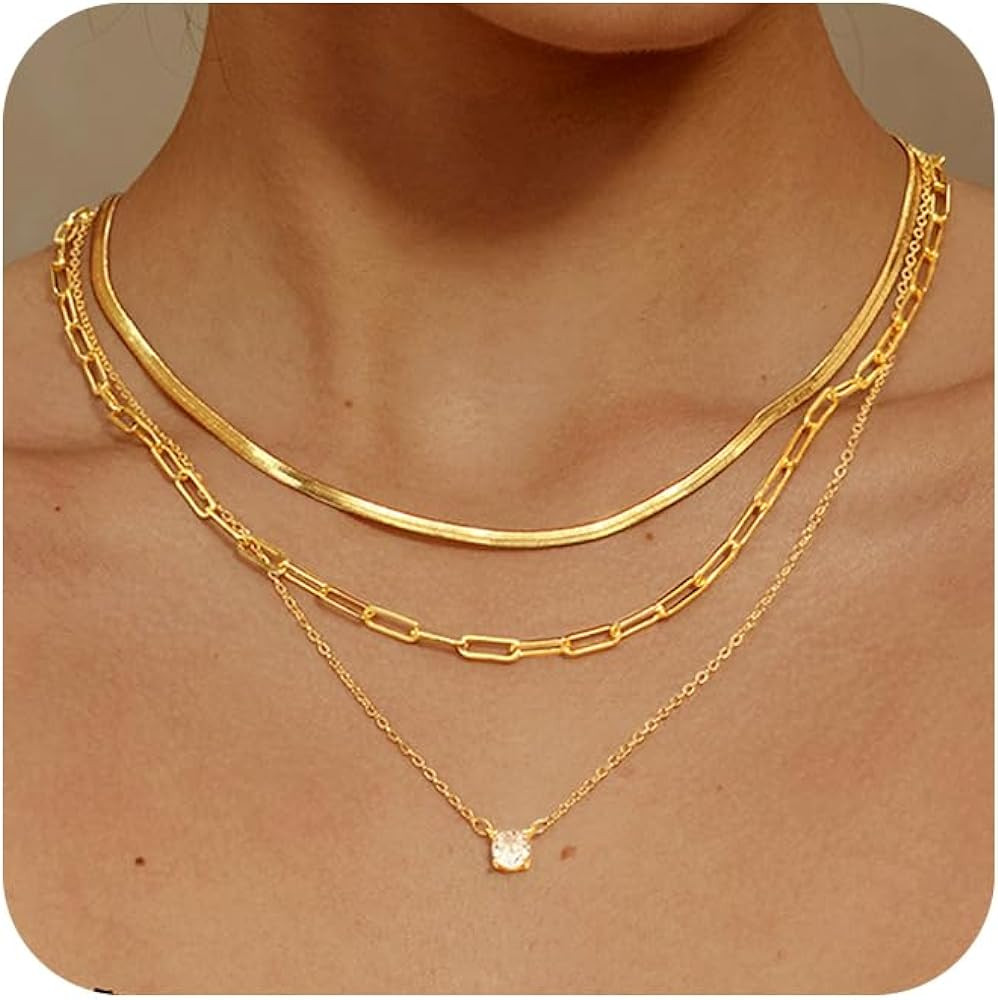 MBW Gold Layered Set Necklaces for Women, Dainty 14K Gold Plated Layered CZ Pendant Necklaces Sim... | Amazon (US)