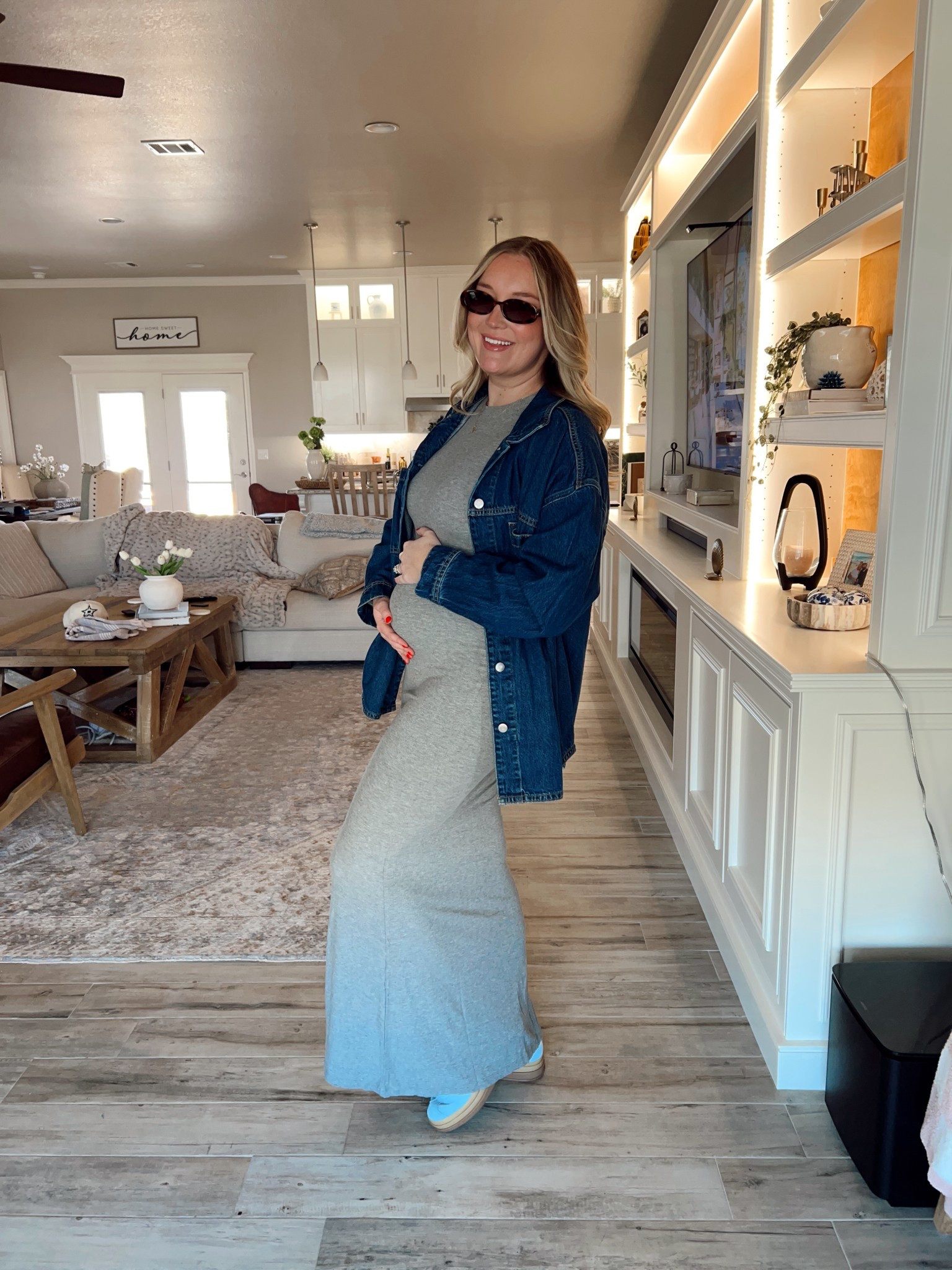 Comfy Bump Outfit 

Dress- XL 
Jacket- L 
Sneakers- 8 

#LTKBaby #LTKootd #LTKBump