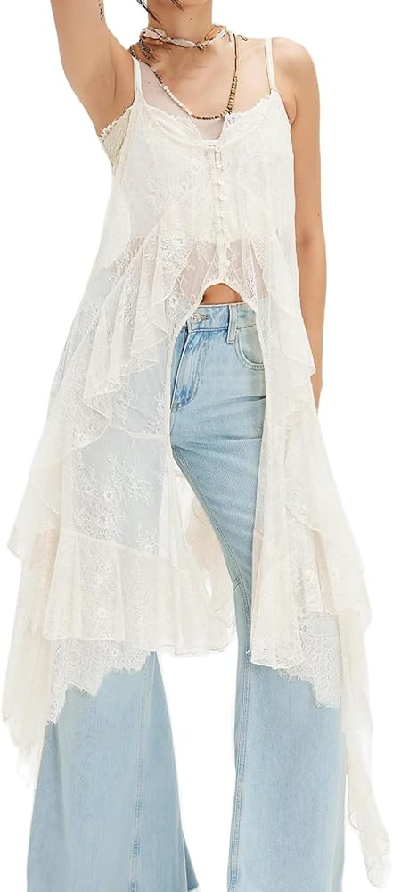 Women Split Front Sheer Flowy Long Cami Shirt Tank Top Sleeveless Spaghetti Strap Maxi Dress See ... | Amazon (US)