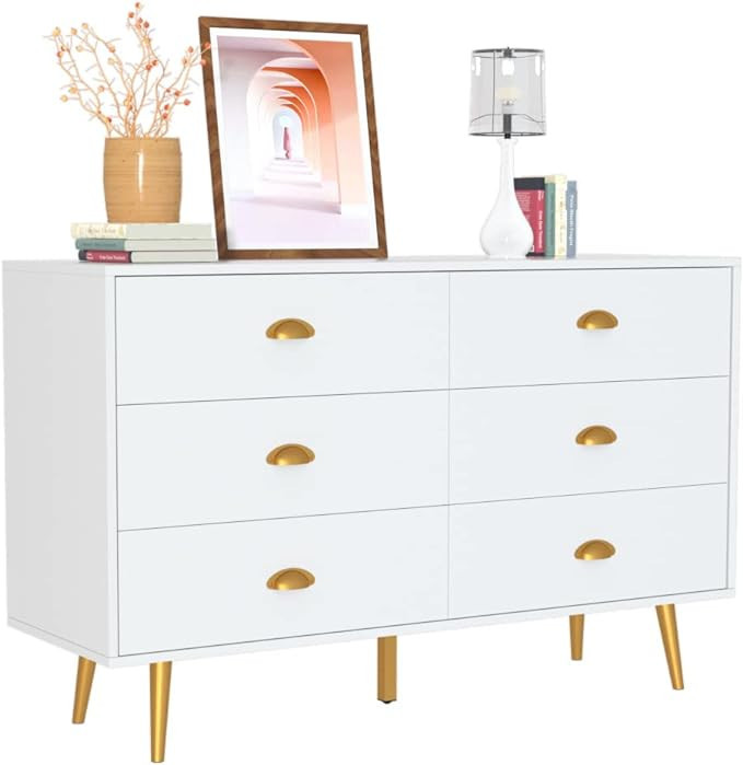 CARPETNAL White Dresser, Modern Dresser for Bedroom, 6 Drawer Dresser with Wide Drawers and Metal... | Amazon (US)