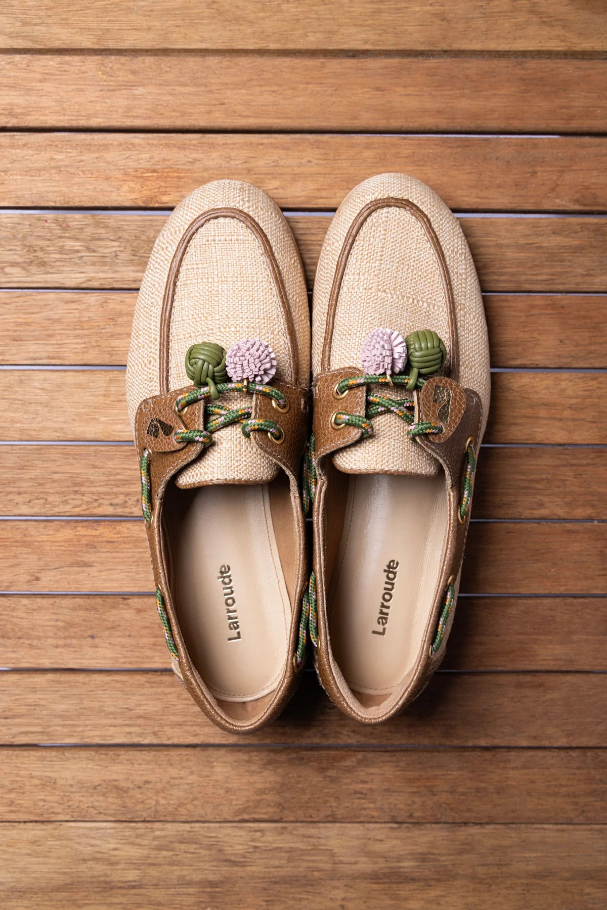Cyprus Boat Shoe In Beige Raffia And Brown Leather | Larroude