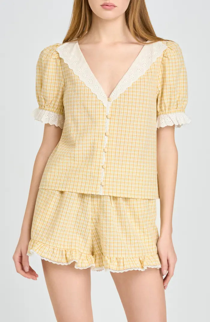 Emma Eyelet Trim Plaid Button-Up Top | Nordstrom