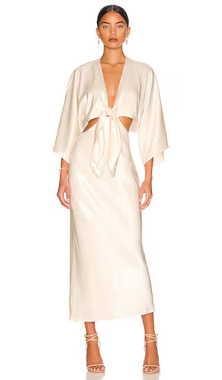 La Lune Tie Front Bias Midi Dress in Cream | Revolve Clothing (Global)