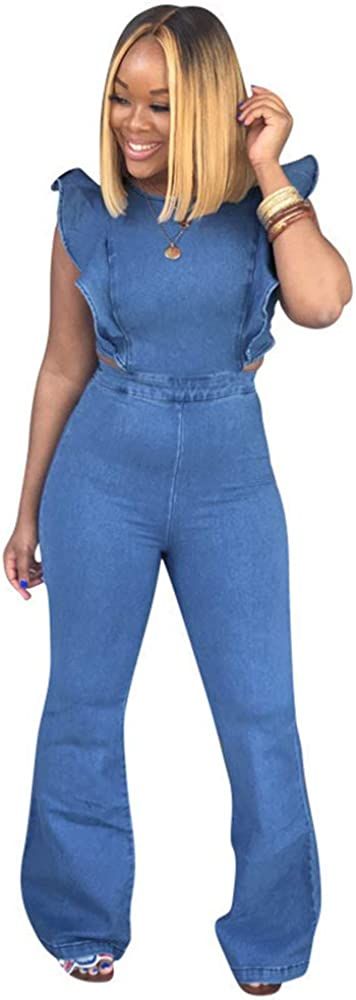 Women's Sexy Ruffled Denim Jumpsuits Solid Wide Leg Long Romper Pants Clubwear | Amazon (US)