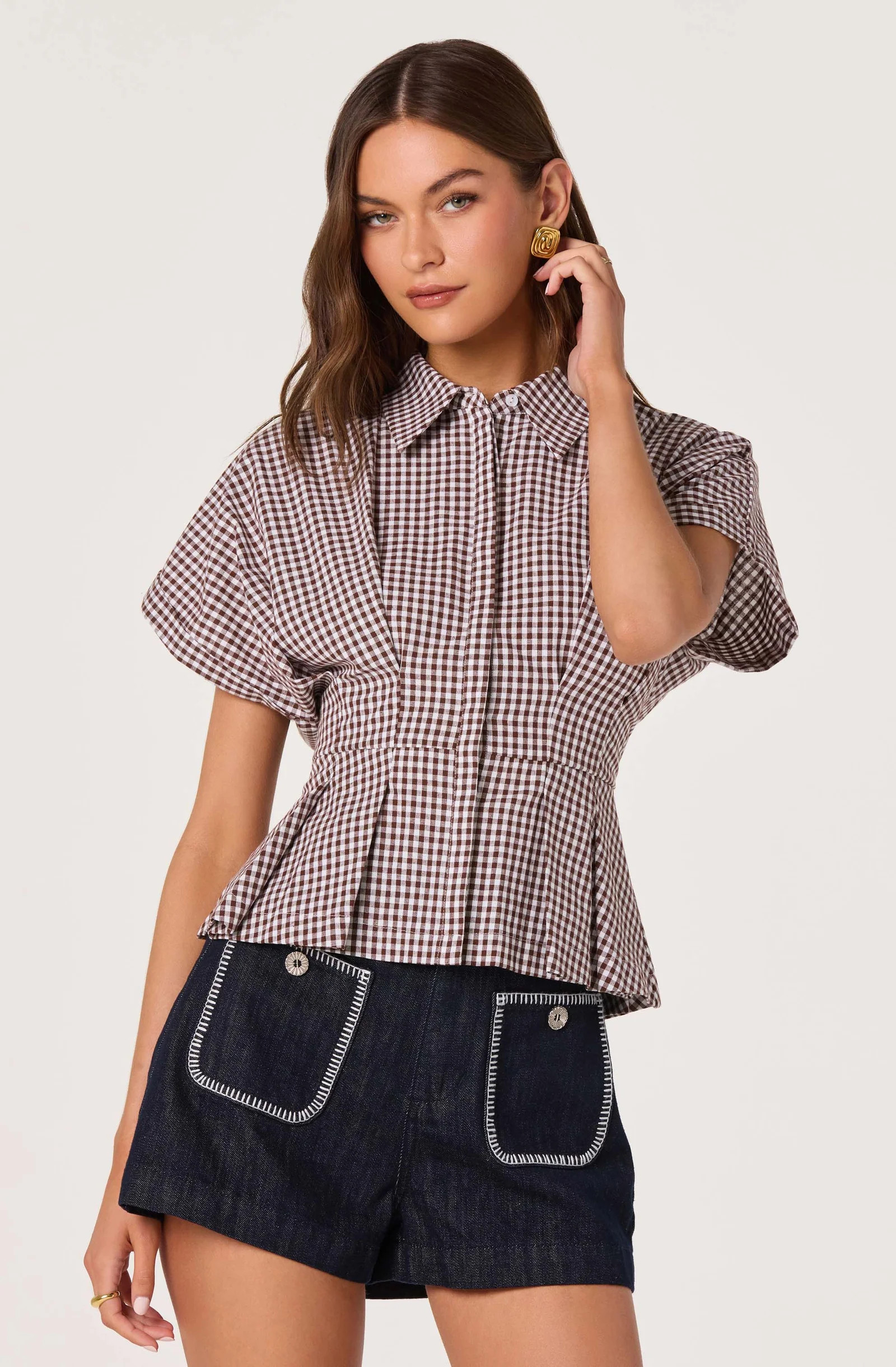 Beck Pleated Button-Front Top - Brown gingham / XS | ASTR The Label (US)