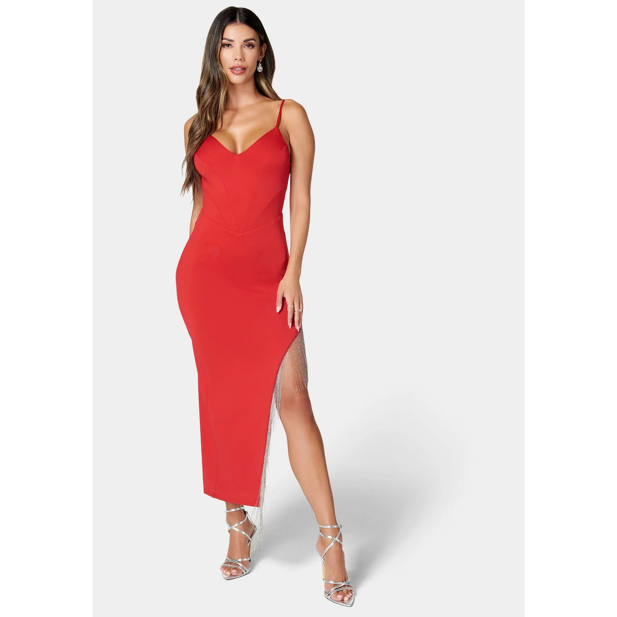 Bebe Women's Fringe Detail High Slit Dress | Shop Simon