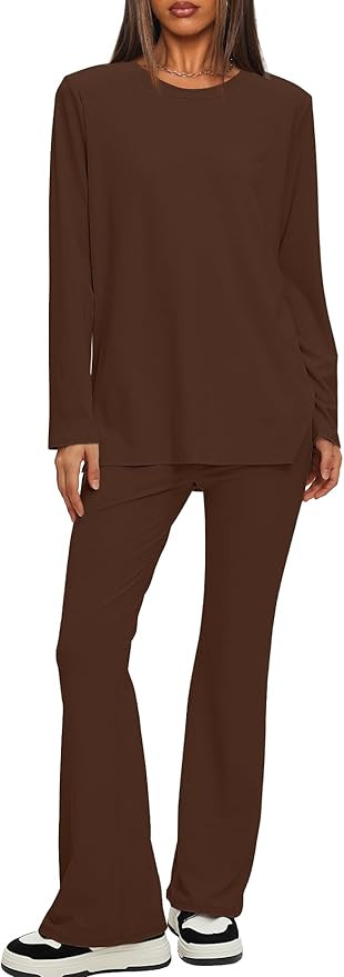 Darong Women 2 Piece Set Fall Outfit Cross Waist Flare Pants Long Sleeve Tunic Top Matching Loung... | Amazon (US)