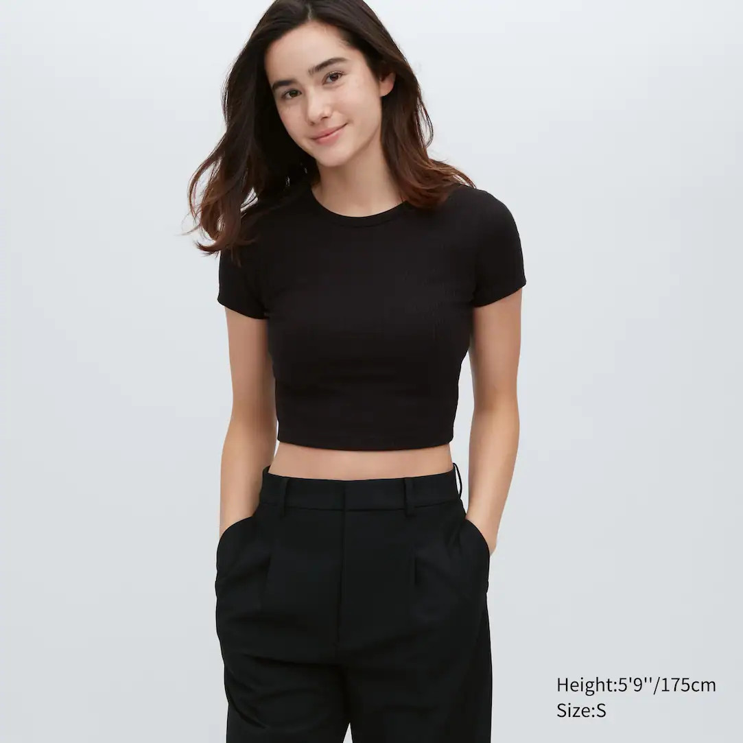 Ribbed Cropped Crew Neck T-Shirt | UNIQLO (UK)