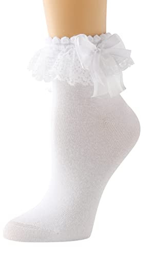 AMHRLINGTO Lace Ruffle Frilly Socks for Women - Lace Ankle Socks with Bow (White-1 Pairs) | Amazon (US)