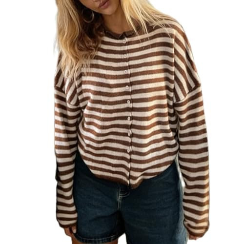 Women Y2K Knit Cardigan Striped Button Down Loose Fit Sweater Cardigan Vintage Streetwear Open Front Knitwear (Dark Khaki, S) | Amazon (US)