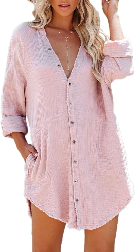 Paintcolors Women's Long Sleeve Cotton Button Down Tunic Dresses with Pockets Solid Color Oversized  | Amazon (US)