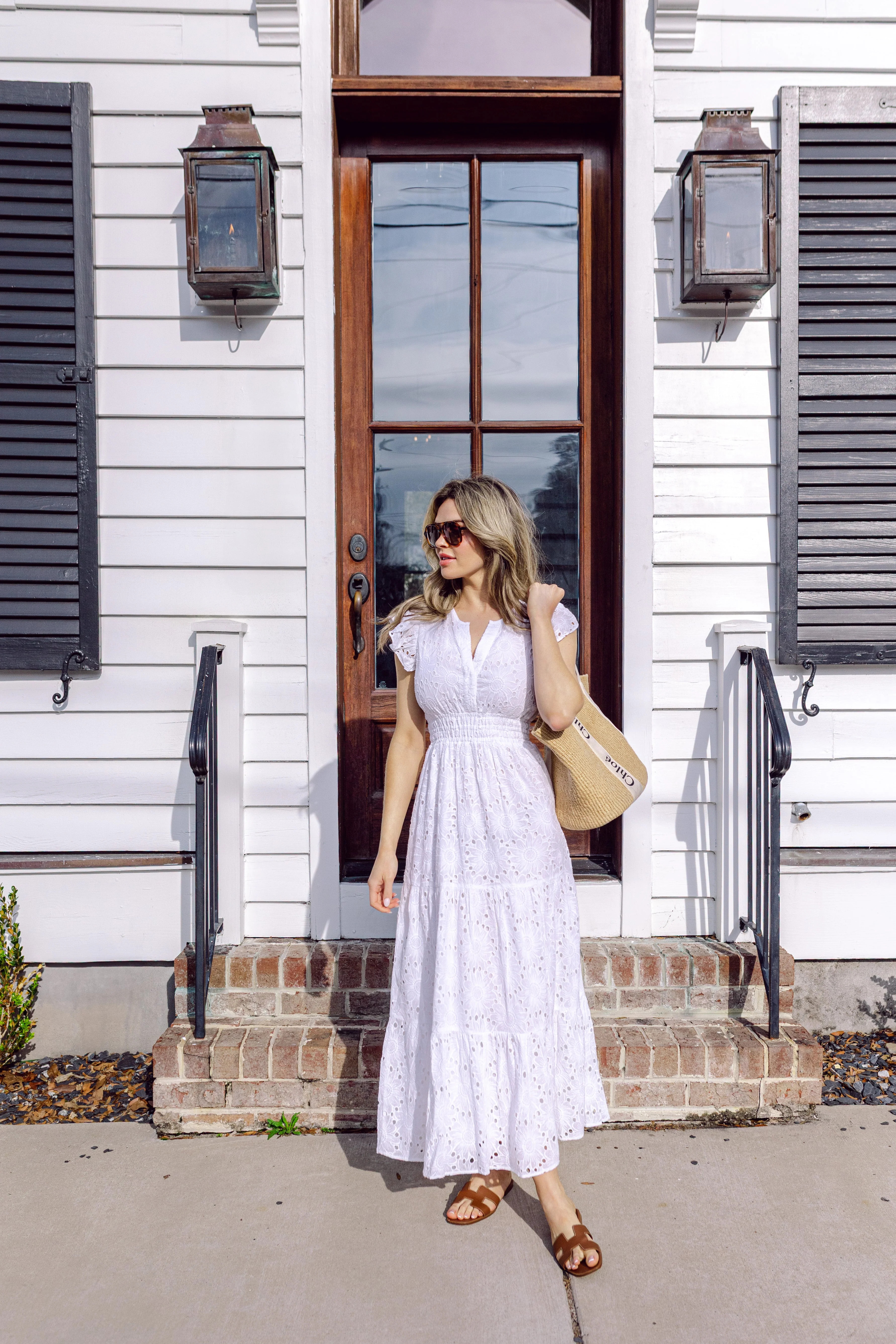 White Eyelet Flutter Sleeve Button Front Midi Dress | Sail to Sable